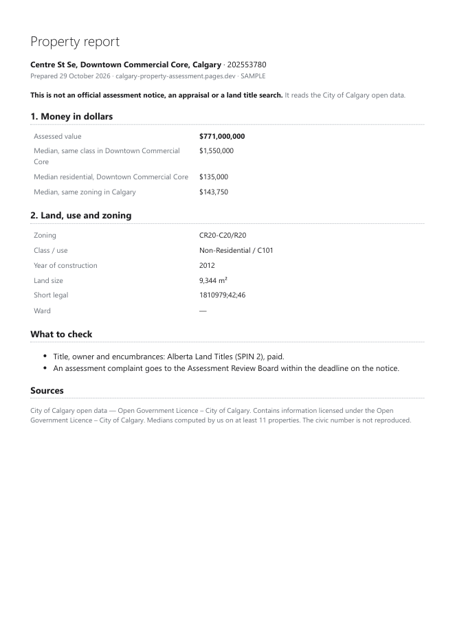 First page of the sample property report